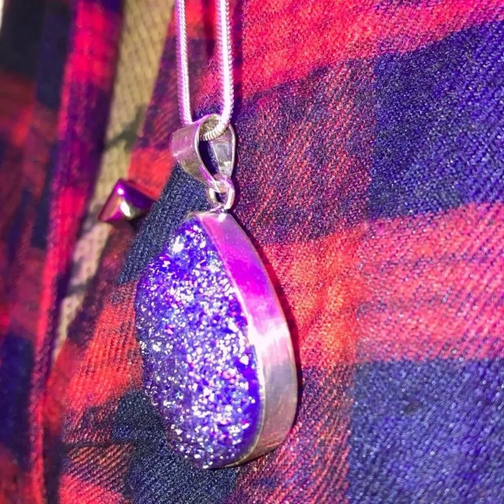 Rainbow Druzy Quartz Healing 925 silver Necklace womens jewelry juniors gift Gem